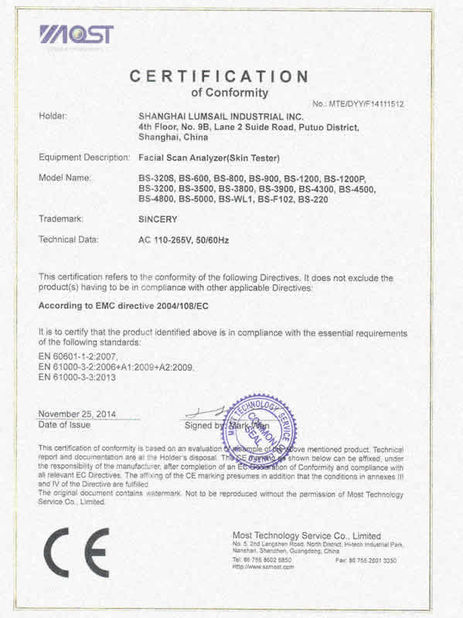 Porcellana Shanghai Lumsail Medical And Beauty Equipment Co., Ltd. Certificazioni